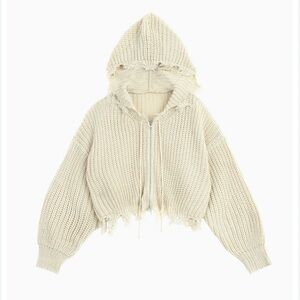 Ruve Braha Cropped Chunky Knit Frayed Sweater Hoodie Full Zip Cream One Size